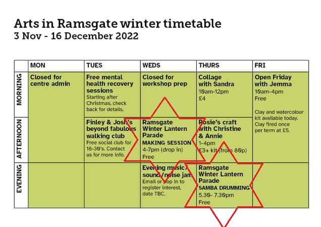 Ramsgate Arts timetable Xmas 2022